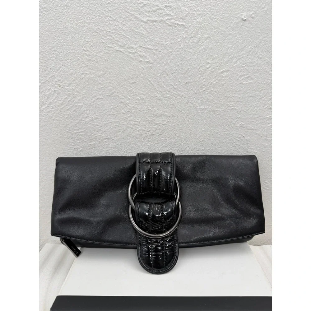 Hobo International Black Leather Foldover Clutch Bag Patent Ring Hardware